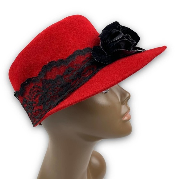 1960's BOLLMAN HAT Co. via KOKIN red wool black rose and lace cap - Picture 14 of 16